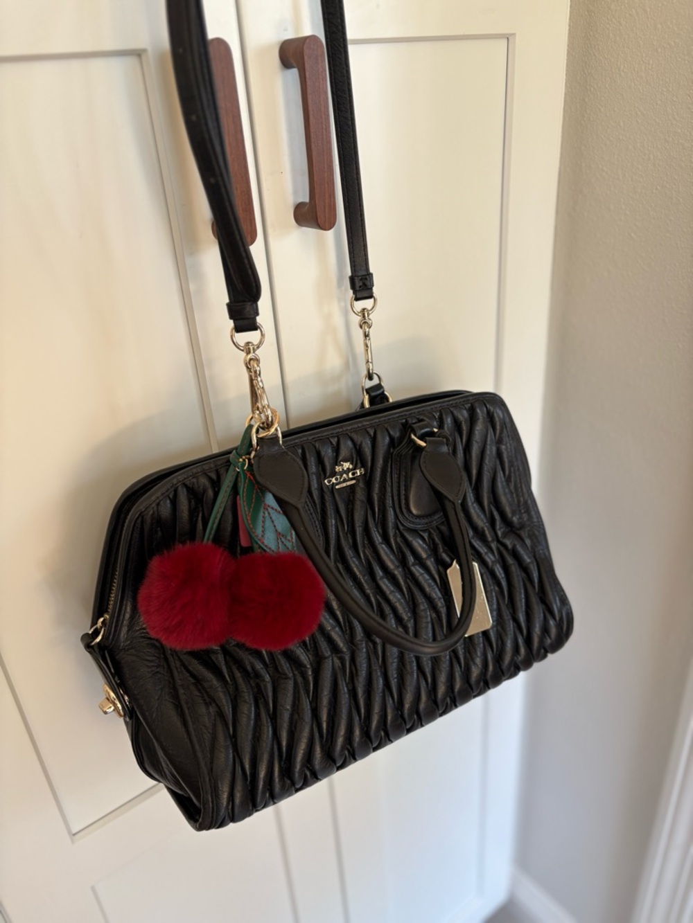 Coach Black Quilted Leather Shoulder Bag with Red Pom Pom Charm - Picture 2 of 12
